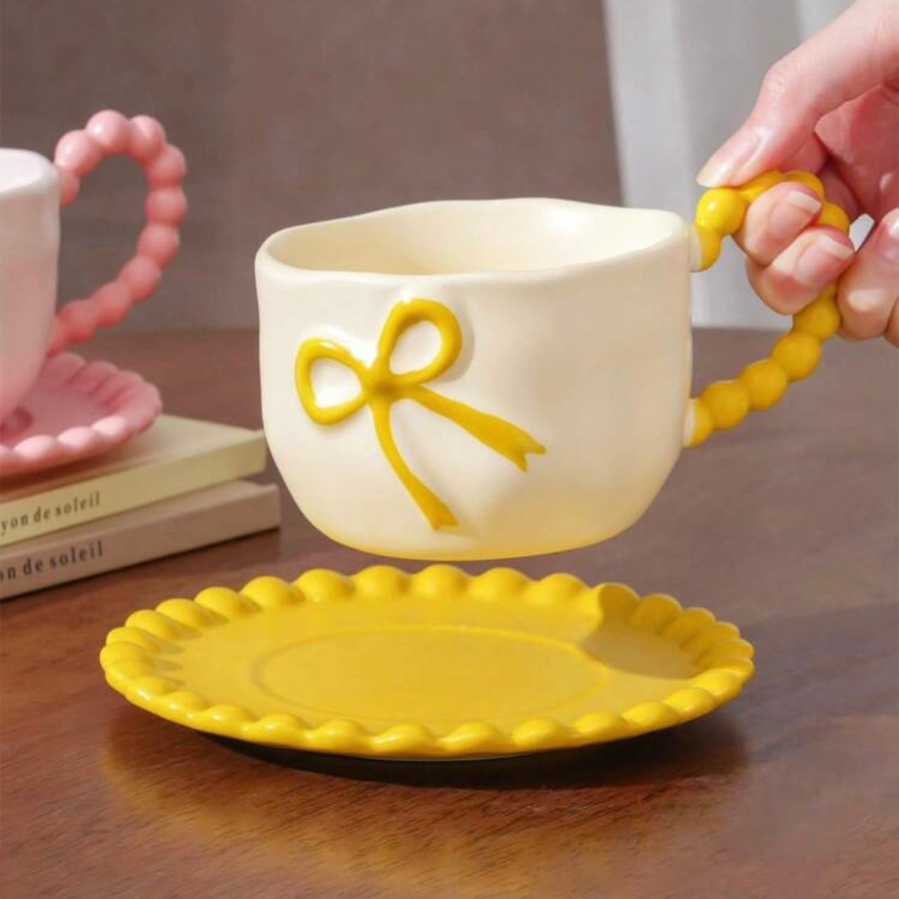 Yellow Bubble & Bows Ceramic Mug & Saucer Set
