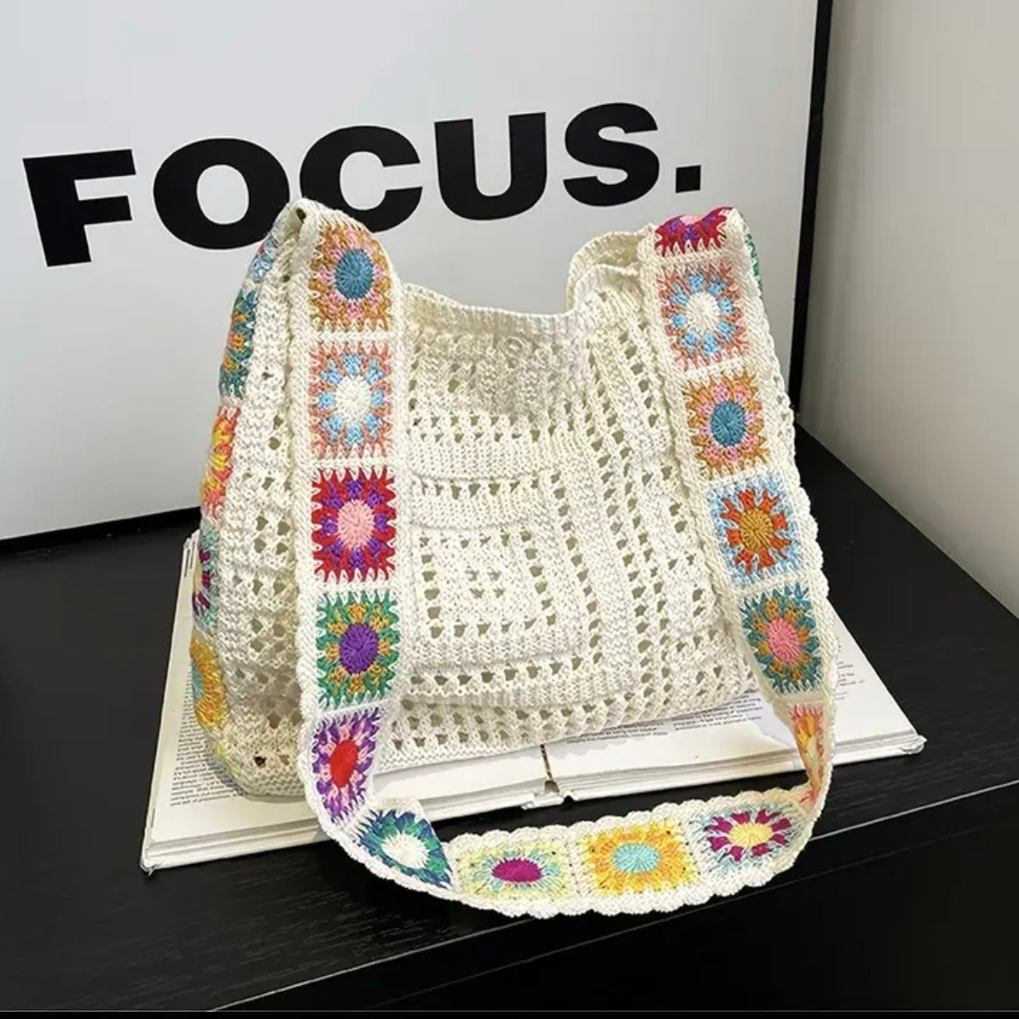 Rainbow Suns Crochet Tote Bag