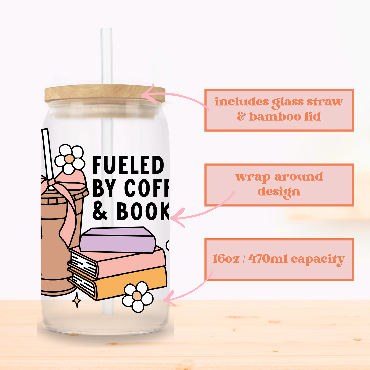 Fueled By Coffee & Books Glass Cup