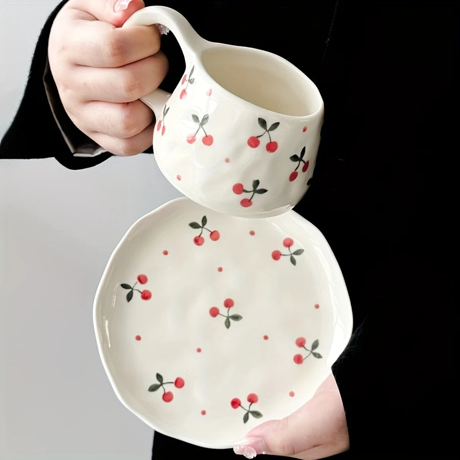 Cherry Ceramic Mug & Saucer Set