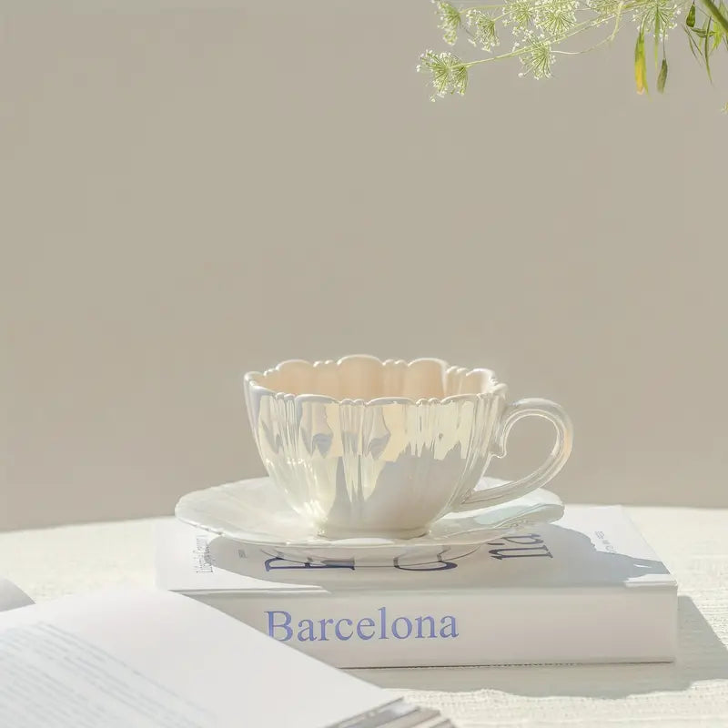Shell Ceramic Mug & Saucer Set - White