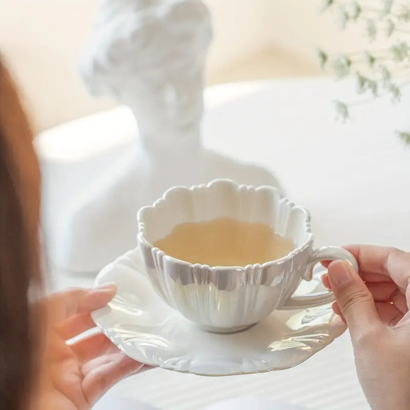 Shell Ceramic Mug & Saucer Set - White