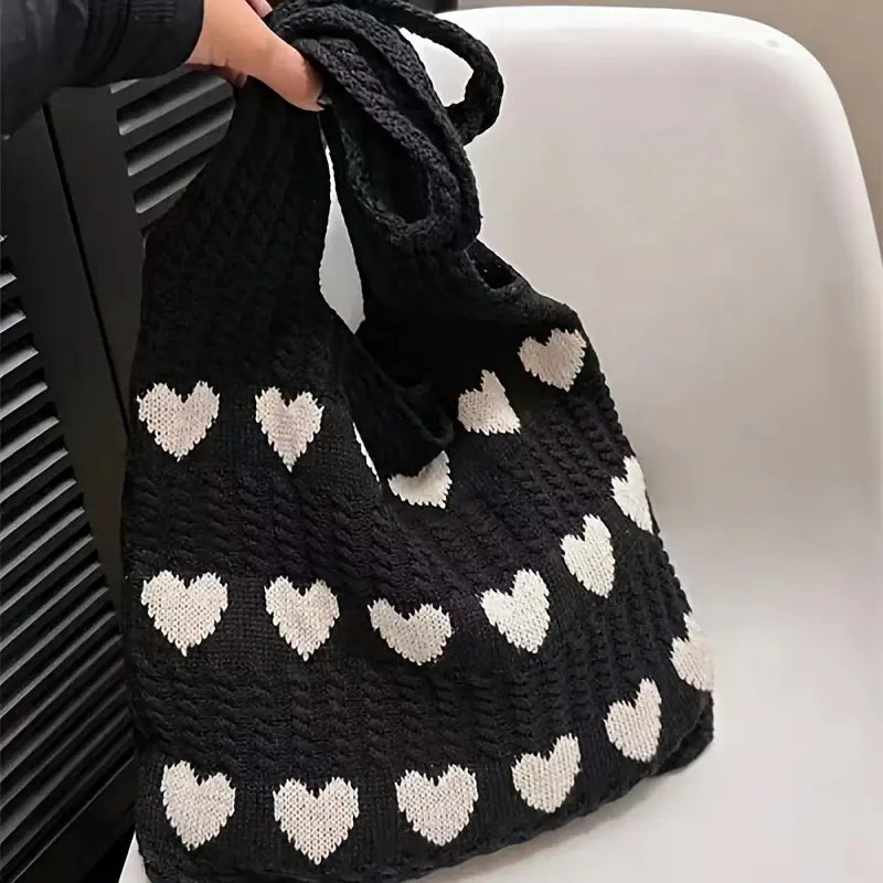 Black Hearts Crochet Tote Bag