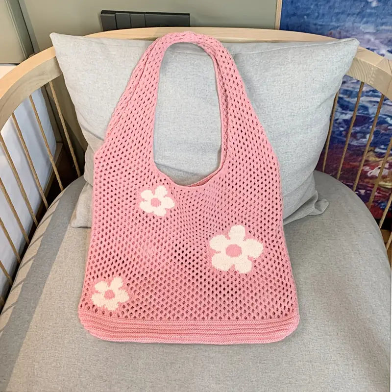 Pink Daisy Crochet Tote Bag