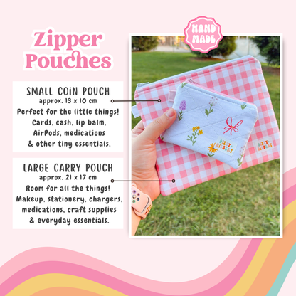 The image is a collage of two photos. The first photo shows a hand holding a small coin pouch, and the second photo shows a hand holding a large carry pouch. The text in the image provides information about the items, such as the size and features of the products.