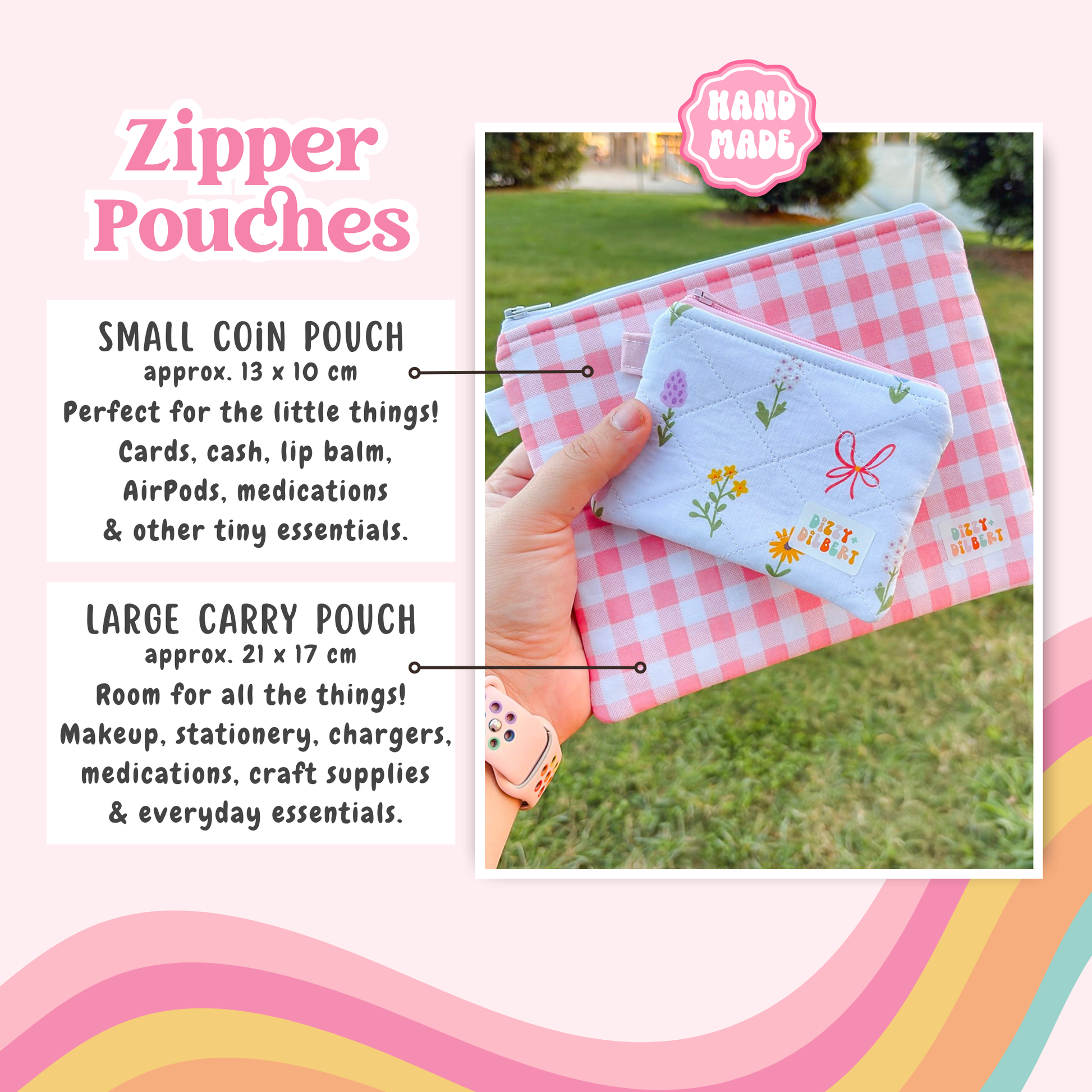 The image is a collage of two photos. The first photo shows a hand holding a small coin pouch, and the second photo shows a hand holding a large carry pouch. The text in the image provides information about the items, such as the size and features of the products.
