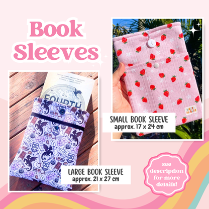 The image is a collage of two images, one showing a small book sleeve and the other showing a large book sleeve. The small book sleeve has a pattern of purple and black, while the large book sleeve has a pink and white pattern with red strawberries.