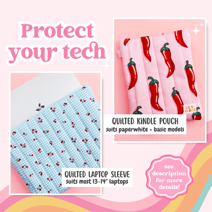 The image is a collage of two images, one showing a quilted Kindle pouch and the other showing a quilted laptop sleeve. The quilted Kindle pouch is a white and blue checkered pattern, while the quilted laptop sleeve is a pink and red chili pepper pattern. The text in the image provides descriptions for both items, stating that the quilted Kindle pouch is suitable for 13-14 inch laptops and the quilted laptop sleeve is designed for most 13-14 inch laptops.