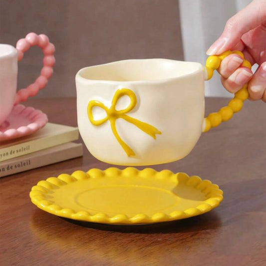 Yellow Bubble & Bows Ceramic Mug & Saucer Set