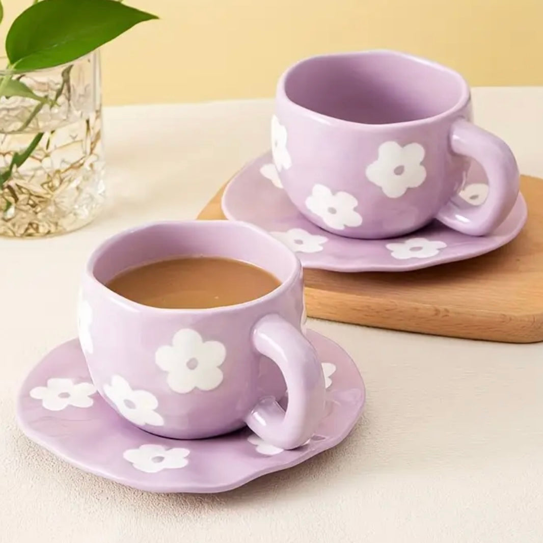 Purple Daisy Ceramic Mug & Saucer Set