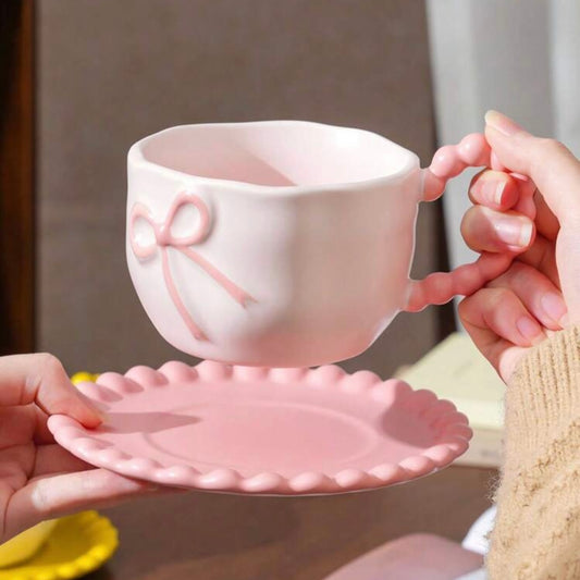 Pink Bubble & Bows Ceramic Mug & Saucer Set