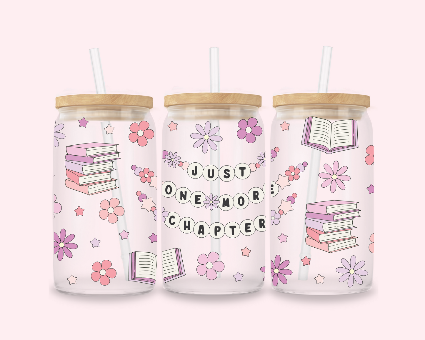 Just One More Chapter – Pastel Bookish Glass Cup
