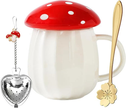 4pc Mushroom Ceramic Mug with Lid, Spoon and Tea Strainer