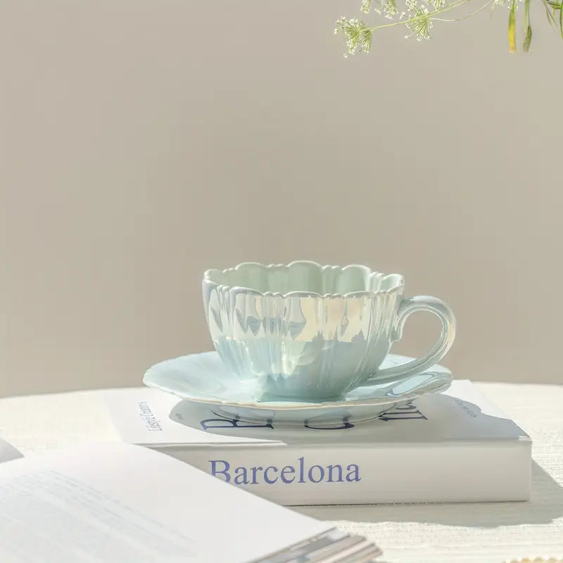 Shell Ceramic Mug & Saucer Set - Baby Blue