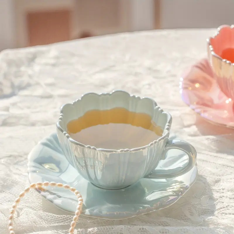 Shell Ceramic Mug & Saucer Set - Baby Blue
