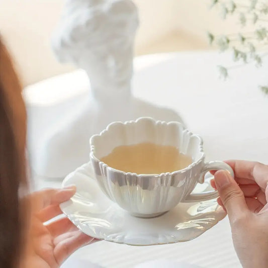 Shell Ceramic Mug & Saucer Set - White