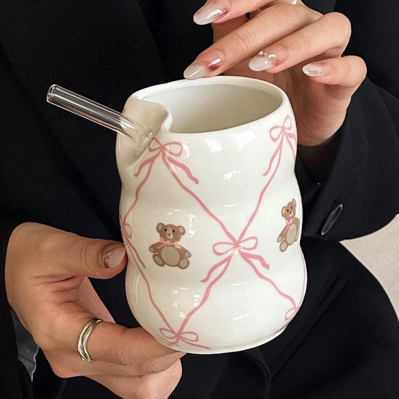 Teddy & Bows Ceramic Cup with Straw