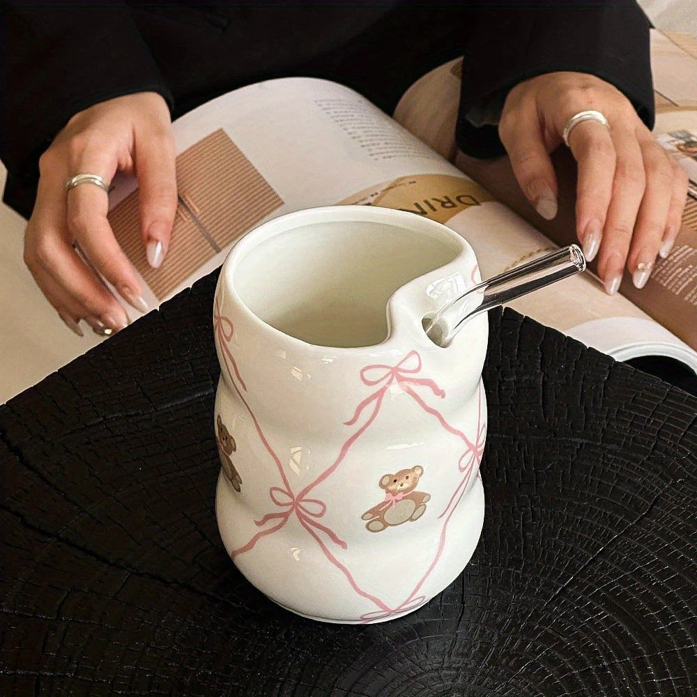 Teddy & Bows Ceramic Cup with Straw