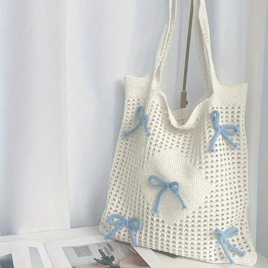 Blue Bow Crochet Tote Bag
