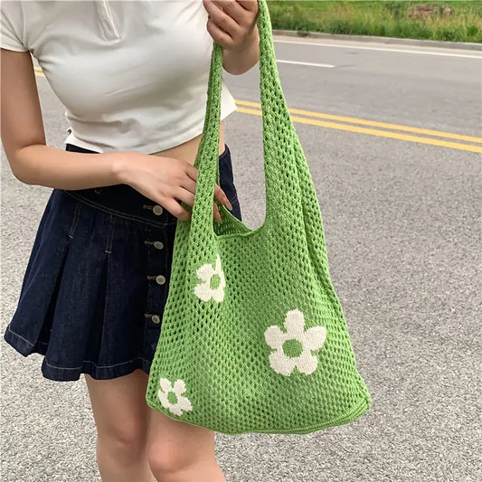Green Daisy Crochet Tote Bag