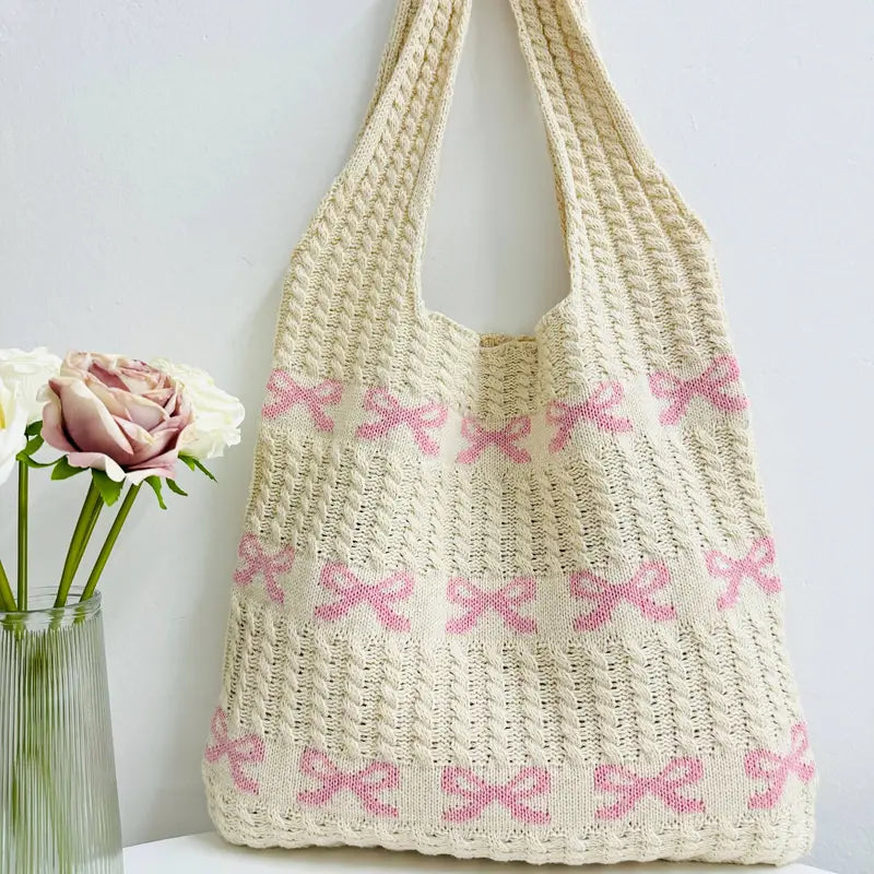 Pink Bow Crochet Tote Bag