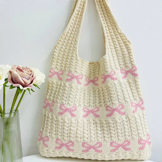 Pink Bow Crochet Tote Bag